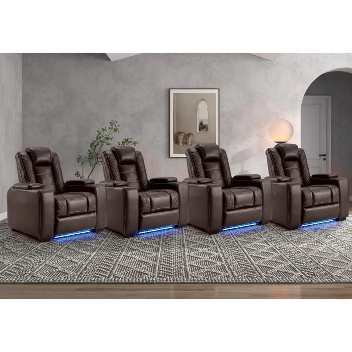 Valdur Adjustable Headrest Power Recliner Man Cave Home Theater Chair With Cup Holders USB LED (Set Of 4)