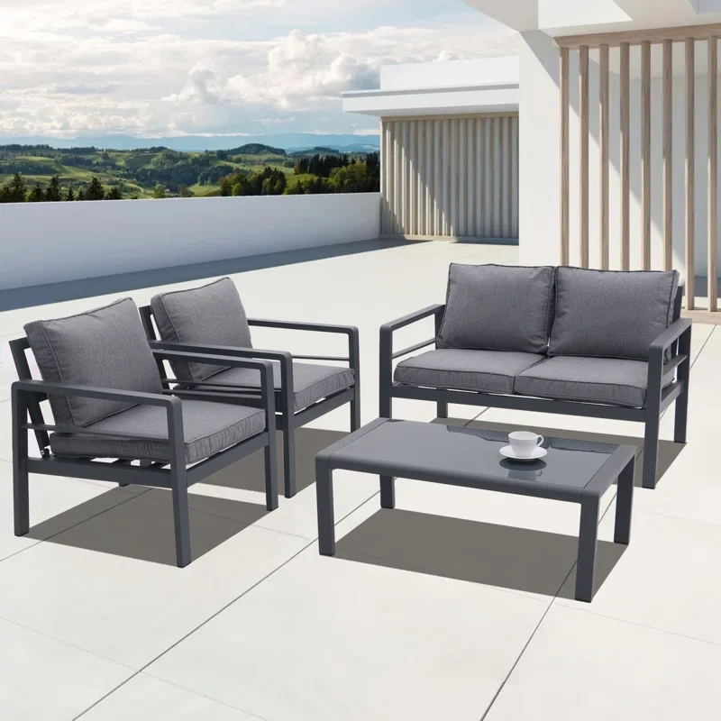 -piece aluminum outdoor patio conversation set - all-weather sectional sofa with removable cushions and glass table, ideal for courtyard and poolside