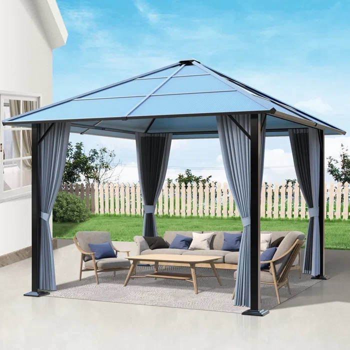 10' x 12' Patio Hardtop Steel Gazebo with Polycarbonate Roof, Curtains and Netting