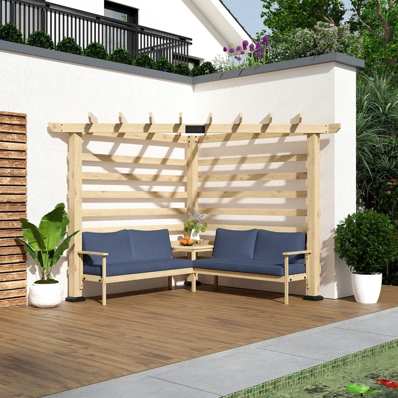 Corner Pergola w/ Conversation Set , Natural and Blue