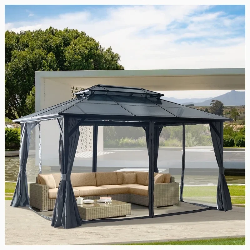 10x13ft Hardtop Gazebo, Polycarbonate Double Roof, Aluminum Frame, with Curtains and Netting