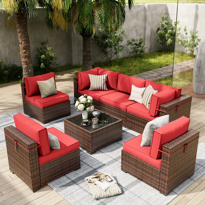 7 Piece Rattan Sectional Seating Group with Cushions