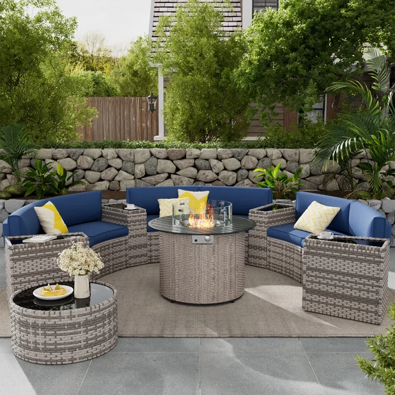 Curved Outdoor Sofa Set - Stylish Wicker with Storage Table & Firepit for Cozy Comfort