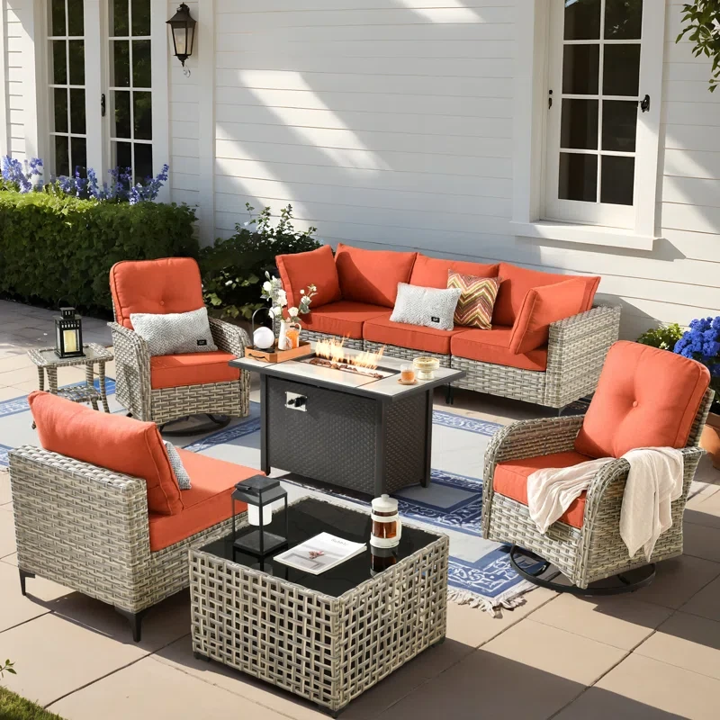 6 Seats High Quality Pe Rattan Outdoor Furniture Sofa With Rocking Chair And Stove, Can Be Freely Combined