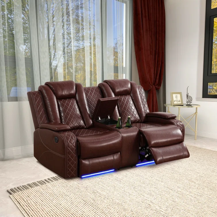 2-Piece Vegan Leather Power Reclining Living Room Sofa Set With Wireless Chargers And LED Lights (Set of 2)