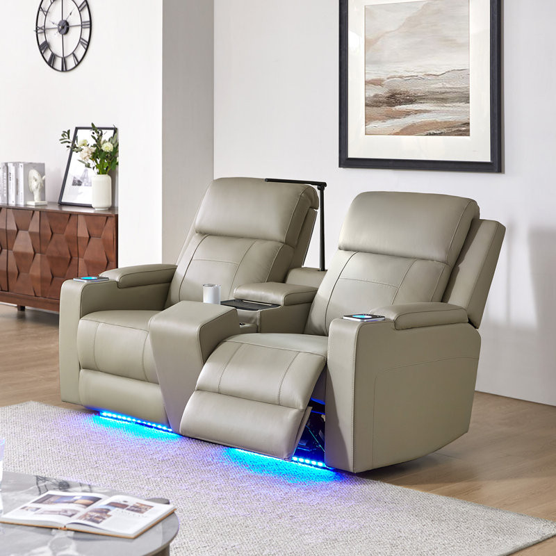 Altovise 71.26" Wide Genuine Leather Home Theater Seating with Cup Holder and Storage