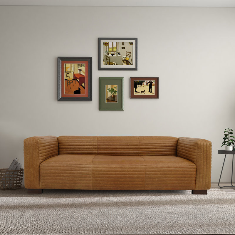 Cimarron 90.6" Wide Mid Century Modern Channel Tufted Leather Couch