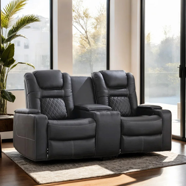 Faux Leather Power Reclining Home Theater Seating with Cup Holder