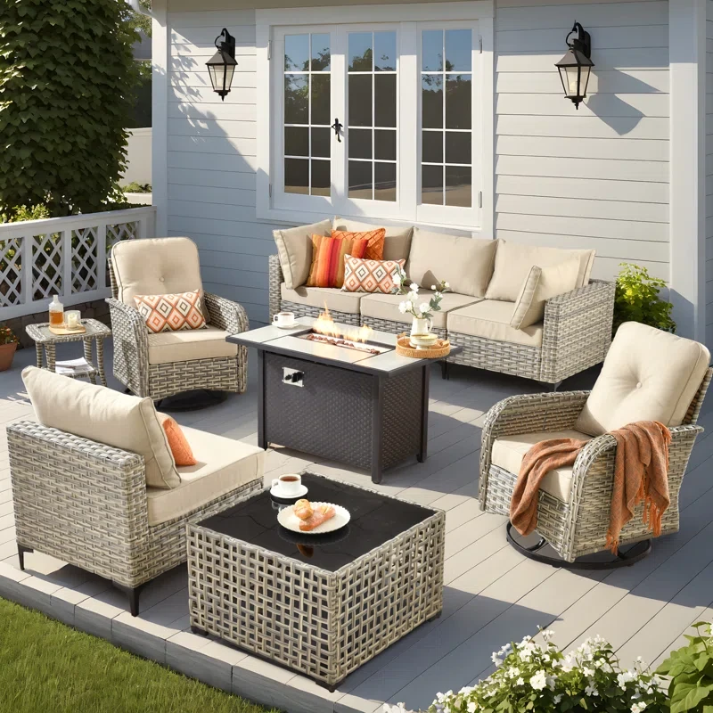 6 Seats High Quality Pe Rattan Outdoor Furniture Sofa With Rocking Chair And Stove, Can Be Freely Combined