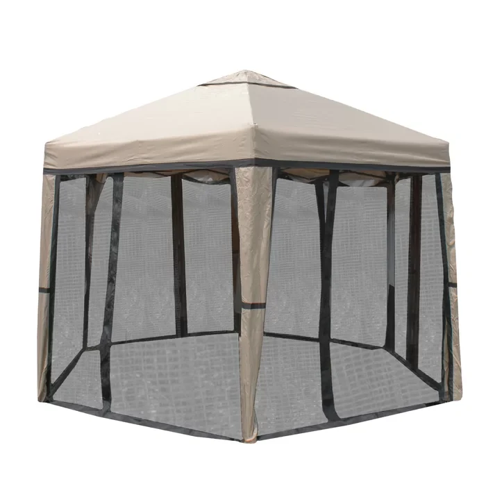 12' x 10' Beige and Black Outdoor Hexagon Pop-Up Gazebo with Mosquito Net