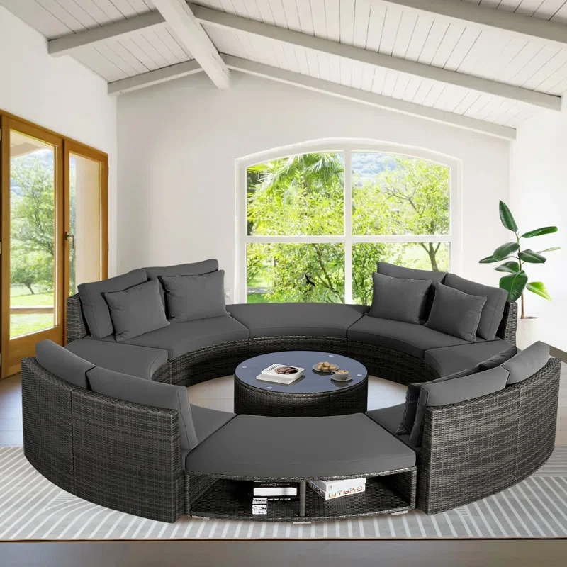 9-piece Luxury Circular Outdoor Patio Furniture Set, Rattan Wicker Sectional Sofa Lounge With Tempered Glass Coffee Table And 6 Pillows