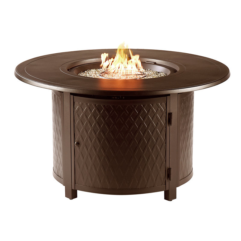 Burgun Round 44 In. X 44 In. Aluminum Propane Fire Pit Table With Glass Beads, Two Covers, Lid, 55,000 Btus In Brown Finish