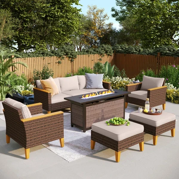 Argyri 7-Piece Wicker Outdoor Patio Furniture Set, Sectional Patio Set with Cushions and Firepit