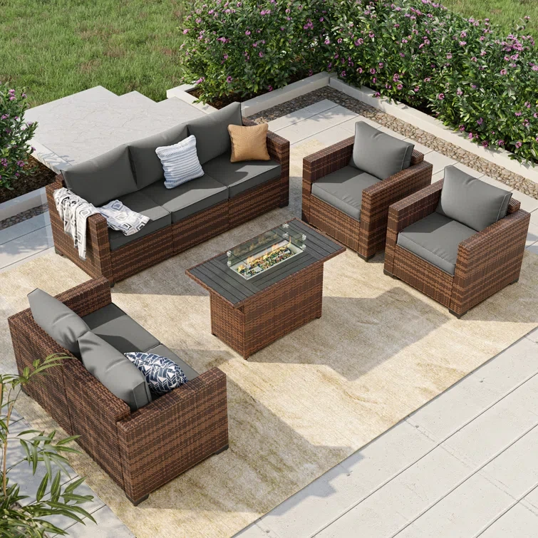 5-Pieces Wide Armrest Outdoor Sectional Rattan Conversation Set with Fire Fit Table.