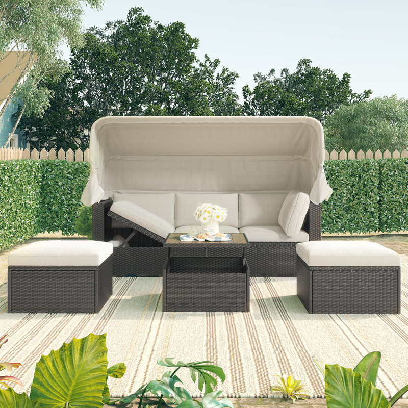 Outdoor Patio Rectangle Daybed With Retractable Canopy, Wicker Furniture Sectional Seating With Washable Cushions, Backyard, Porch