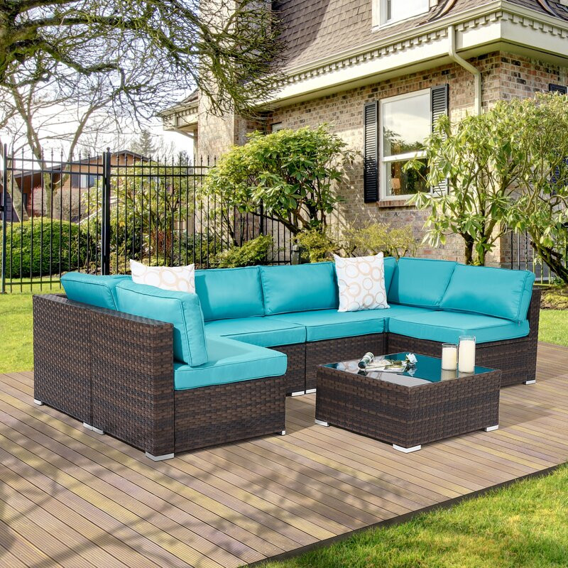 Outdoor 7 Pieces Sectional Sofa Conversation Sets, Patio PE Wicker Rattan Woven, Washable Sponge Cushions With Tea Table