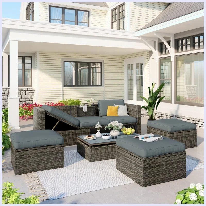 Napa Patio Outdoor Conversation Set 5 Piece Patio Wicker Sofa With Adjustable Backrest, Cushions, Ottomans And Lift Coffee Table