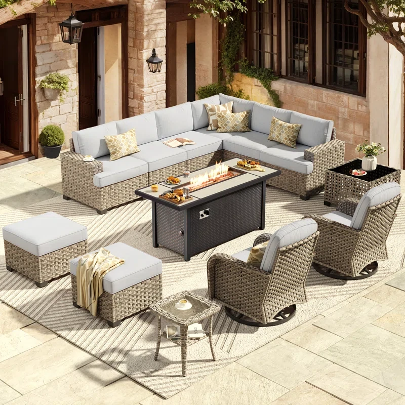 13 Piece Patio Sectional Furniture With Swivel Rocking Chairs, Rattan Wicker Coversation Set With Glowing Coffee Table, Outdoor Sofa Set With Fire Pit For Outside Porch Balcony Backyard Pool