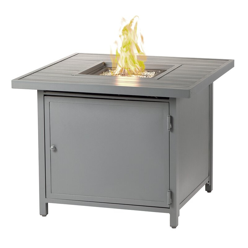 Raeann Square 32 In. X 32 In. Aluminum Propane Fire Pit Table With Glass Beads, Two Covers, Lid, 37,000 Btus In Brown Finish