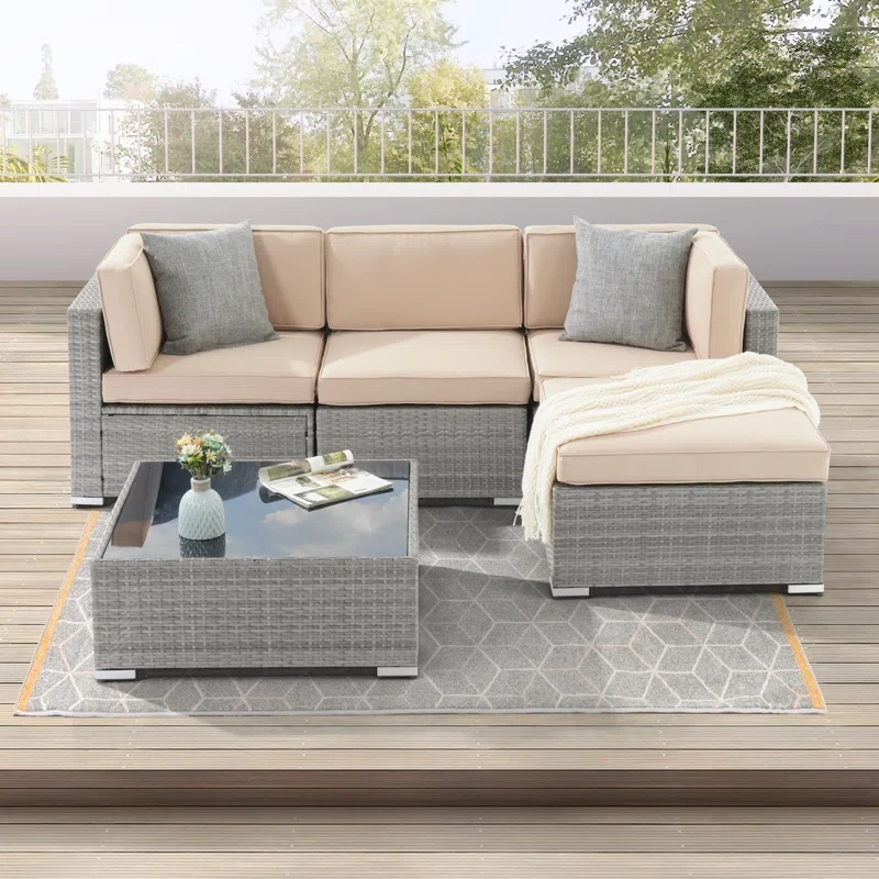 Outdoor 5 Piece Furniture Conversation Sets All-Weather PE Wicker Rattan Sofa Set, Lounge Sofa With Thick Cushions And Tempered Glass Table