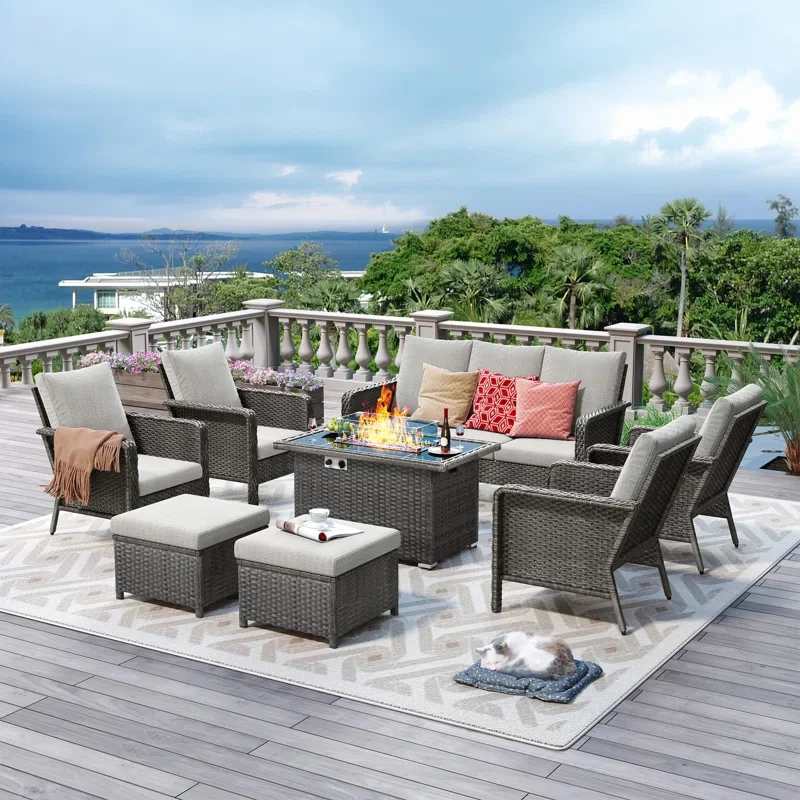 9 - Person Outdoor Seating Group with Fire Pit Table and Cushions