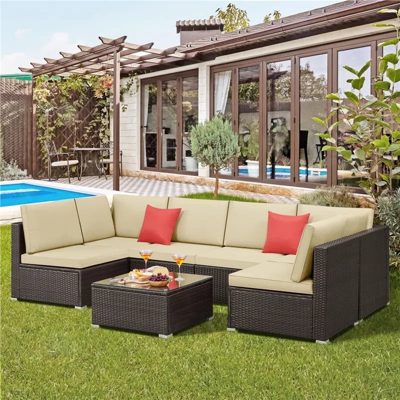 Indio 7 Piece Rattan Sectional Seating Group with Cushions