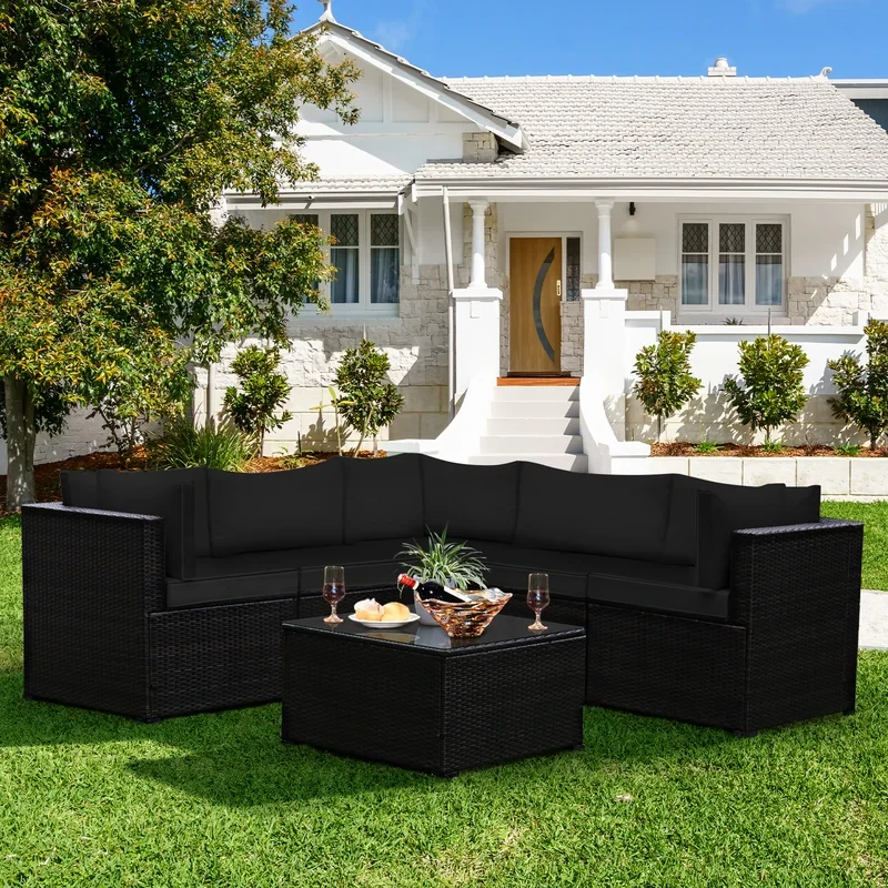 Patiojoy 6 Pcs Patio Rattan Furniture Set Outdoor Wicker Conversation Sofa Set W/tempered Glass Coffee Table Navy