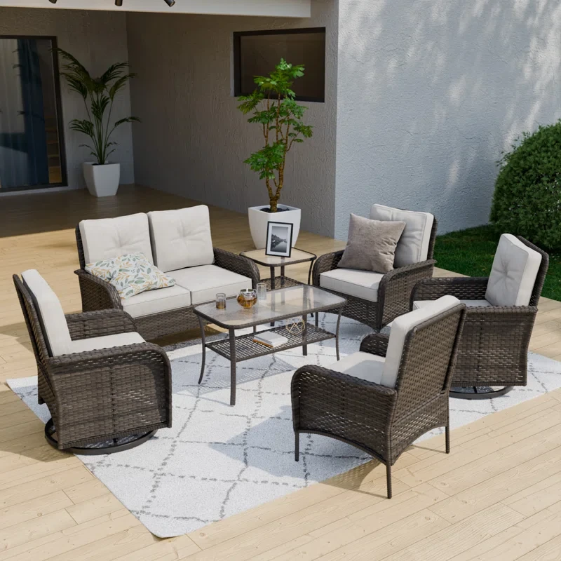 6-Person Wicker Patio Sofa Set with Beige Cushion - Loveseat, Chairs, Swivel Rockers, with Tables