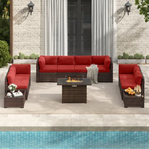 Rikuto 8 - Person Outdoor Slanted-Back Sectional Sofa With 2 Coffee Table, Fire Pit Table