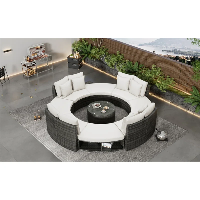 9-piece Luxury Circular Outdoor Patio Furniture Set, Rattan Wicker Sectional Sofa Lounge With Tempered Glass Coffee Table And 6 Pillows