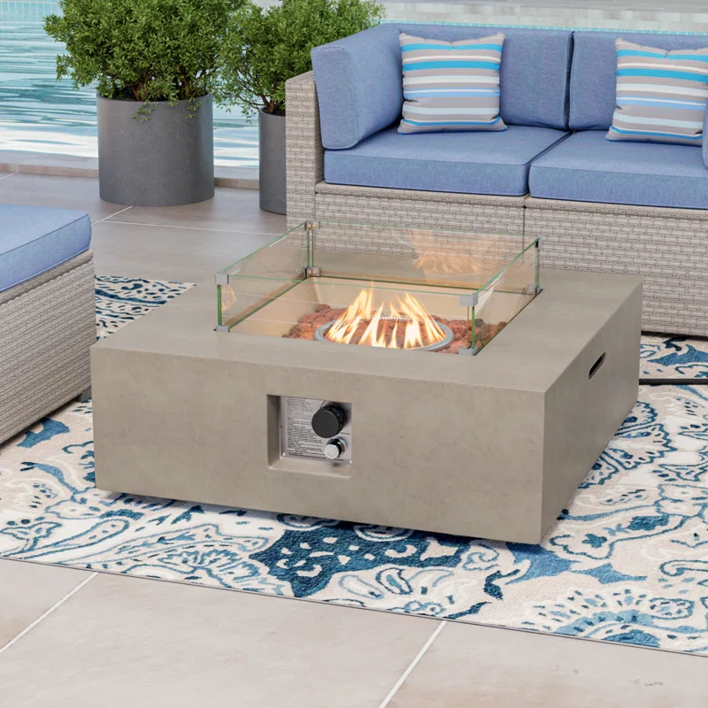 Lisdale 35" W Concrete Propane Outdoor Fire Pit Table with Lid