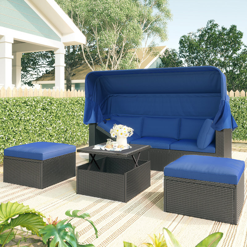 Outdoor Patio Rectangle Daybed With Retractable Canopy, Wicker Furniture Sectional Seating With Washable Cushions, Backyard, Porch