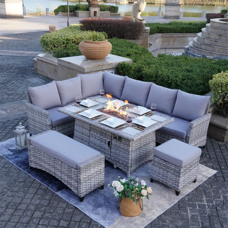 Amilcare 59In. X 37 In. X 27 In. H Gray Rectangular Wicker Outdoor Gas Fire Pits Dining Set