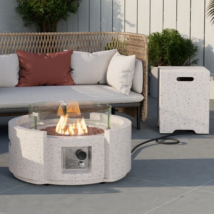 Calzacorto 11.8" H x 27.6" W Terrazzo Propane Outdoor Fire Pit with Lid