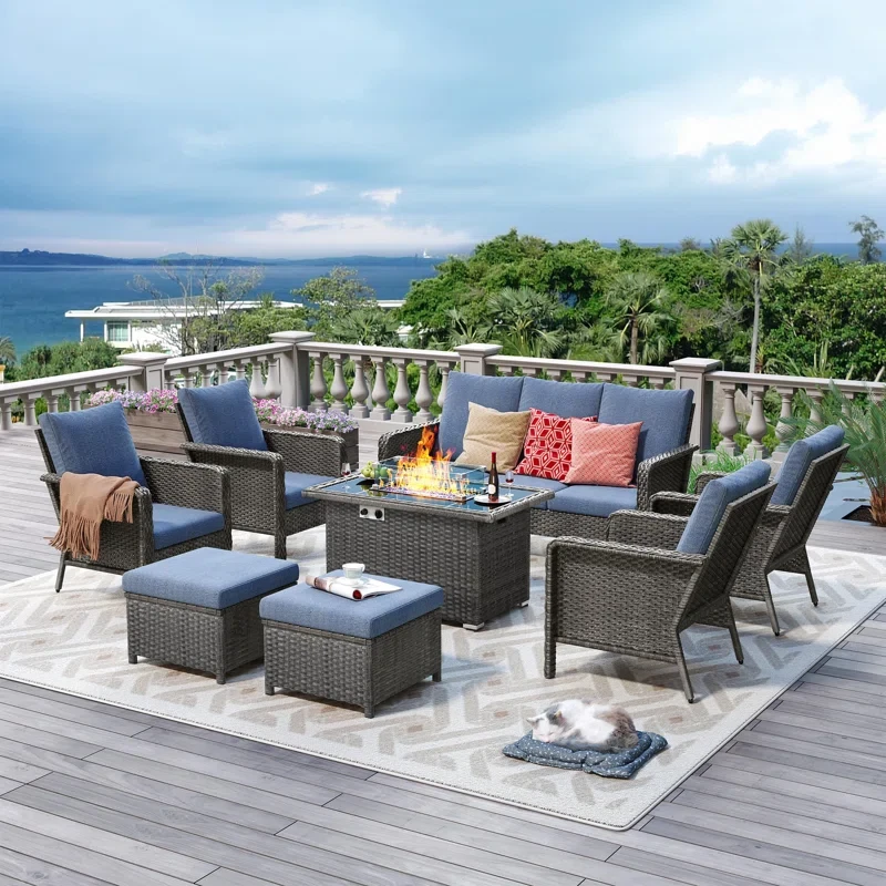 9 - Person Outdoor Seating Group with Fire Pit Table and Cushions