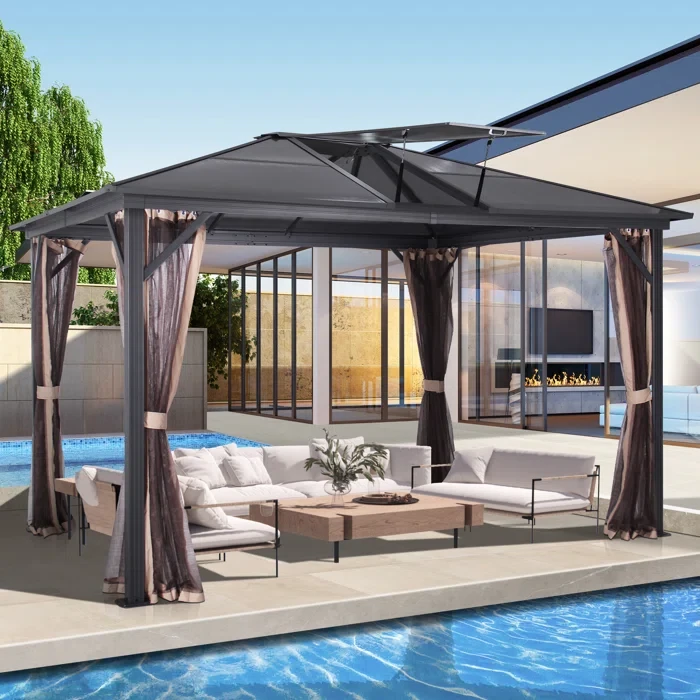 12 Ft. W x 10 Ft. D Polycarbonate Hardtop Aluminum Patio Gazebo with Skylight