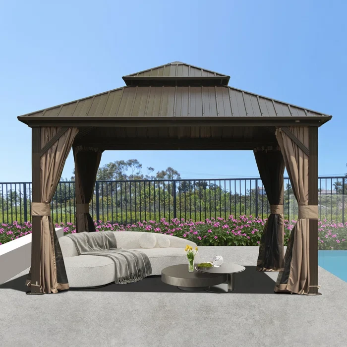 10 Ft. W x 10 Ft. W Galvanized Steel Patio Gazebo with Overhang Slope-design Double Roof