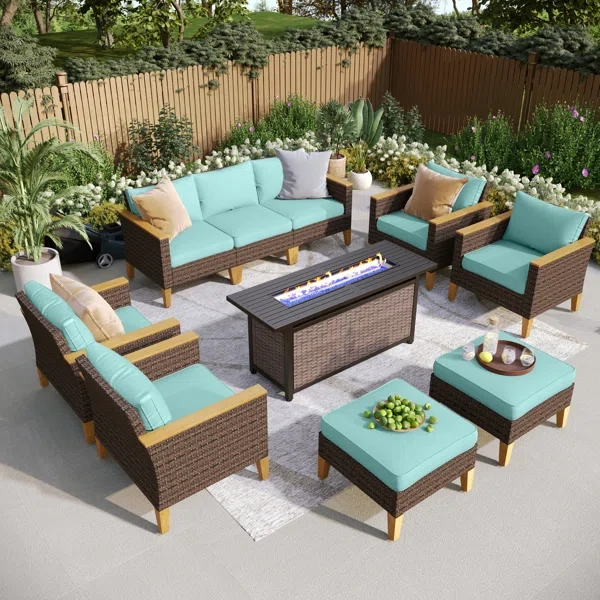 Argyri Wicker Outdoor Patio Conversation Furniture Sectional Set With Firepit