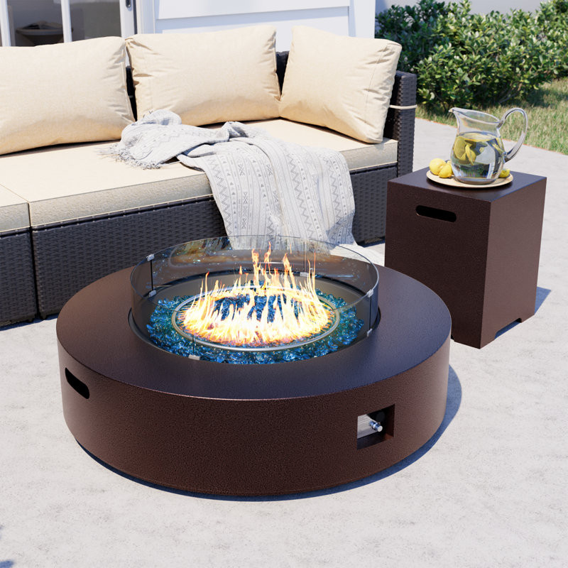 Drumraymond 42-Inch Round Iron Propane Outdoor Fire Pit Table with Tank Cover, Lid, Rain Cover and Glass Cover