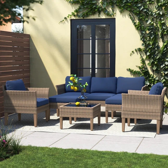 Annancy 6-Piece Outdoor Conversation Set with Sofa and Club Chairs in Mixed Brown Wicker (Set of 6)