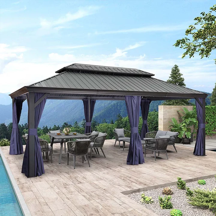 PURPLE LEAF Outdoor Hardtop Gazebo for Patio Grey Aluminum Frame Pavilion with Navy-Blue Curtain