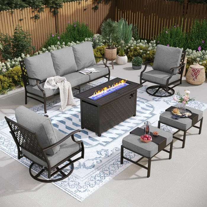 Asfand 7 - Person Outdoor Seating Group with Swivel Lounge Chairs& Firepit Table