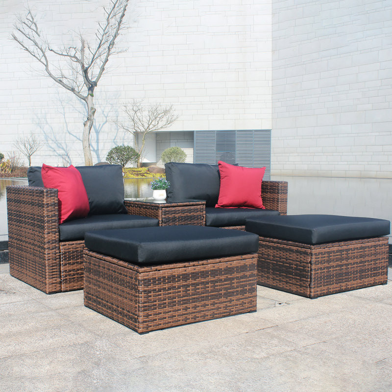 5 Pieces Outdoor Patio Garden Brown Wicker Sectional Conversation Sofa Set