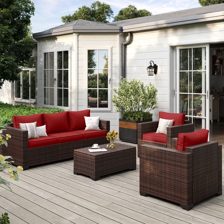 4-Pieces Wide Armrest Outdoor Sectional Rattan Conversation Set with Storage Table.