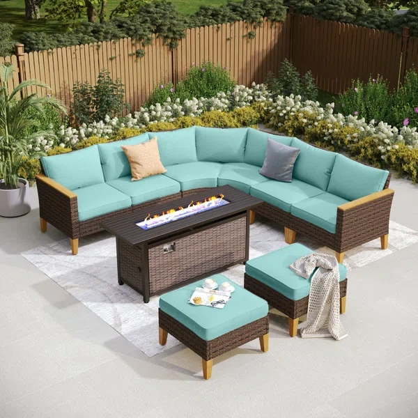 Argyri Wicker Outdoor Patio Conversation Furniture Sectional Set with Fire Pit Table