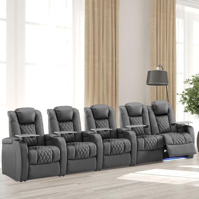 Gray Leather Power Reclining Home Theater Seating with Cup Holder