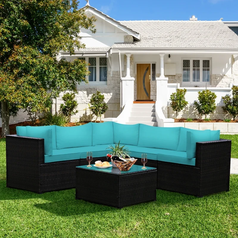 Patiojoy 6 Pcs Patio Rattan Furniture Set Outdoor Wicker Conversation Sofa Set W/tempered Glass Coffee Table Navy