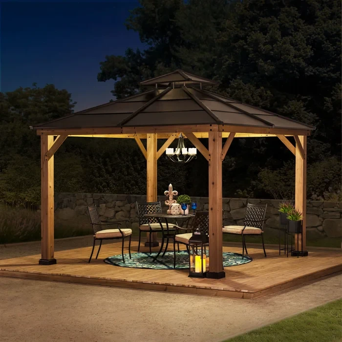 Sunjoy 11 ft. x 11 ft. Patio Brown 2-Tier Cedar Framed Hardtop Gazebo