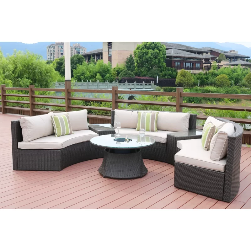 Mickens Six Piece Outdoor Black Wicker Sectional Seating Group with Beige Cushions