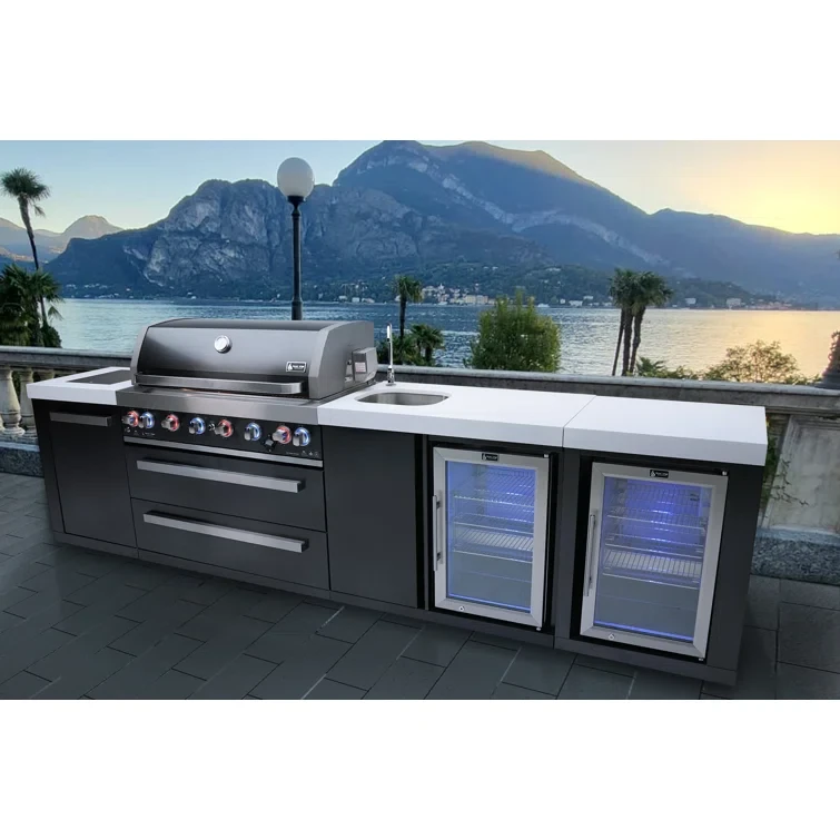 Mont Alpi 6-Burner Black Stainless Steel Outdoor BBQ Island Grill + Beverage Center + Fridge Cabinet